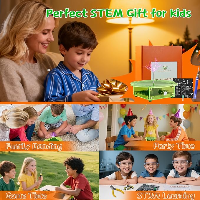 eUda+ STEM Tesla Lightning Kit – Easy DIY Electronic Science Kit – Perfect Christmas STEM Gift for Kids – Fun Hands-On Learning & Building Toy (Soldering Version, Rectangular-Fluorescent Green)