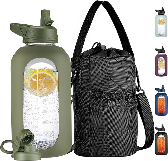 CIVAGO Half Gallon Glass Water Bottle with Straw and Insulated Bottle Holder Sling, 64 oz Motivational Large Water Jug with Time Marker and Silicone Sleeve, Water Flask with 2 Lids, Army