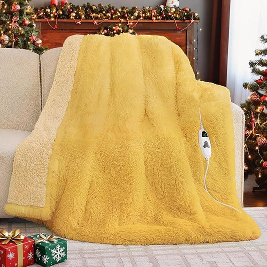 Heated Electric Blanket Twin–Faux Fur with Soft Thick Sherpa,Warm Winter Birthday Gifts for Women Grandma，10 Heat Settings,5 Time Settings with Fast Heating, 62x84, Beige
