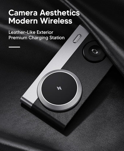 Foldable 3 in 1 Magnetic Wireless Charging Station for Apple Devices, Leather-Like Fast Wireless Charger Dock with Night Light for Magsafe iPhone 17/16/15/14/13/12 Series, Apple Watch, AirPod