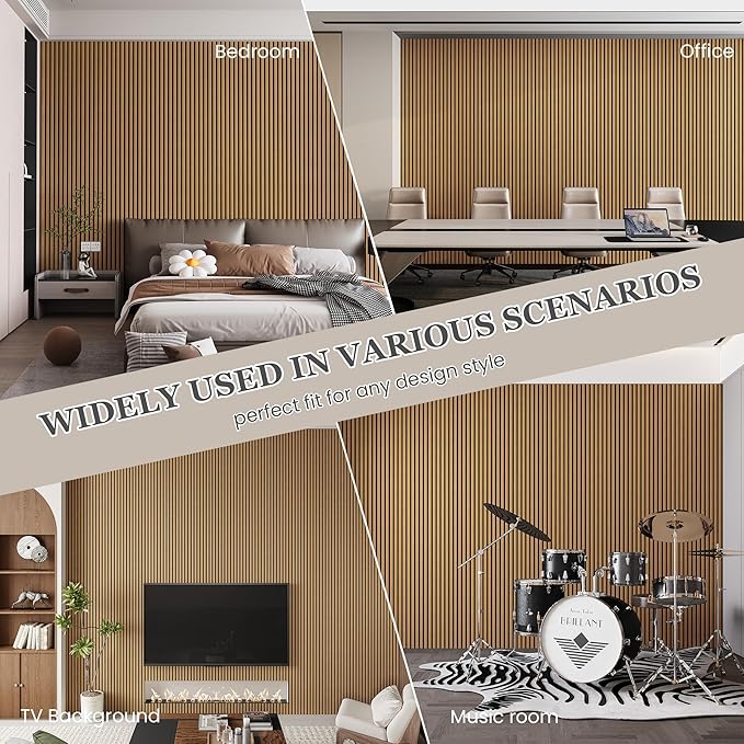 Wood Salt Acoustic Wall Panels, 4 Piece 94" x 12.6" x 0.8" Soundproof Wooden Wall Panels, 3D Fluted Sound Absorbing Panel, Teak