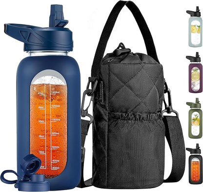 CIVAGO 32 oz Glass Water Bottle with Straw and Insulated Bottle Holder Sling, Motivational Water jug with Time Marker and Silicone Sleeve, Water Flask with 2 Lids for Walking and Gym Navy