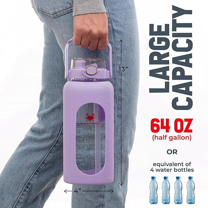 64 oz Glass Water Bottle – Lavender | Leakproof Half Gallon Glass Jug with Straw, Silicone Sleeve & Time Marker – Travel, Gym, Pregnancy, Daily Water Goals