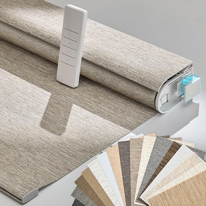 Persilux Smart Motorized Blinds with Remote, No Drill Automatic Roller Shades for Indoor Windows, Light Filtering Linen Fabric, Electric Blinds for Windows, Linen Light Brown C156-3, Custom Size