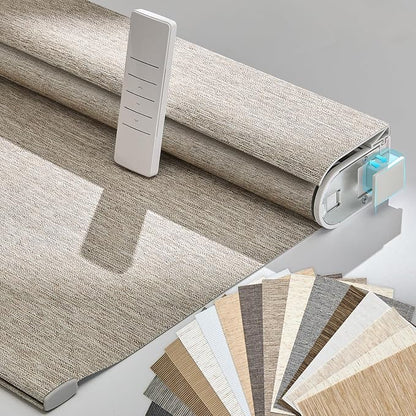 Persilux Smart Motorized Blinds with Remote, No Drill Automatic Roller Shades for Indoor Windows, Light Filtering Linen Fabric, Electric Blinds for Windows, Linen Light Brown C156-3, Custom Size