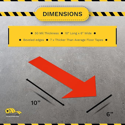 Mighty Line Solid Arrows Directional Sticker Sign Floor Marking Tape for Safety, Caution, Warning, Heavy-Duty, Peel and Stick Adhesive, Industrial Quality, Red, 10"x6", 50 Pack