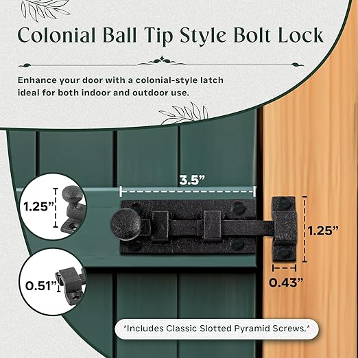 Renovators Supply Manufacturing Slide Bolt Latch 3 in. Black Wrought Iron Ball Tip Style Slide Bolt with Mounting Hardware Pack of 2
