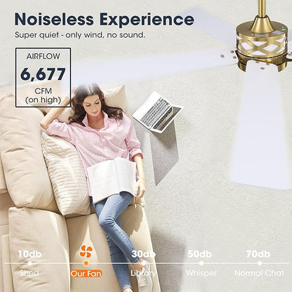 WINGBO 52" Smart Ceiling Fan with Lights, 5 Plywood Blades, 6 Speeds Reversible DC Motor, Works with Alexa and Google Assistant, 3CCT Dimmable LED Ceiling Fan for Bedroom Living Room, Brass and White