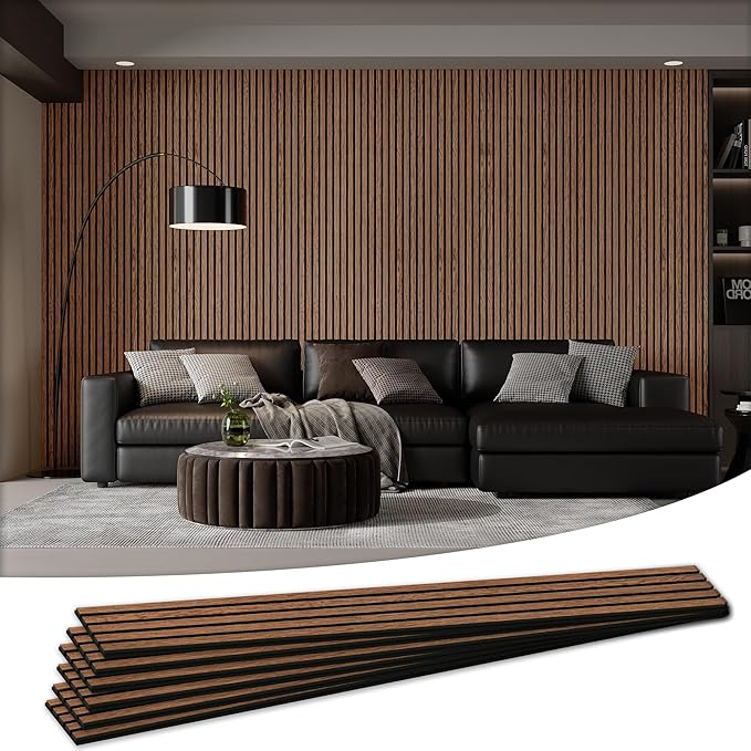 Wood Salt Acoustic Wall Panels, 6 Piece 94" x 7.9" x 0.8" Soundproof Wooden Wall Panels, 3D Fluted Sound Absorbing Panel, Red Oak