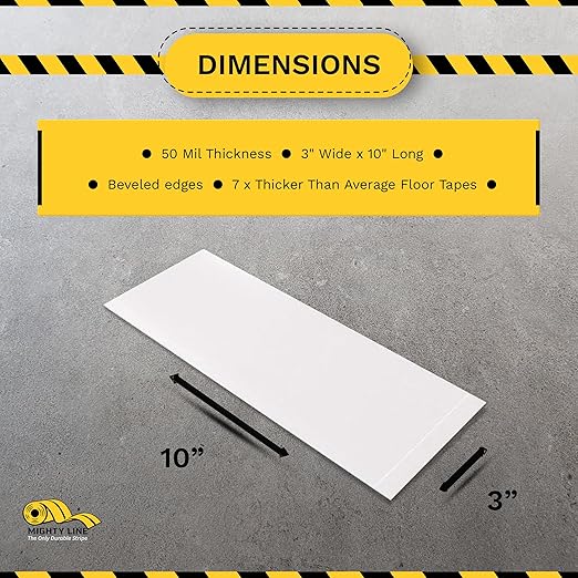 Mighty Line Floor Marking Tape Strips for Safety, Caution, Warning, Heavy-Duty, Peel and Stick, Adhesive, Industrial Quality, White, 3" by 10"