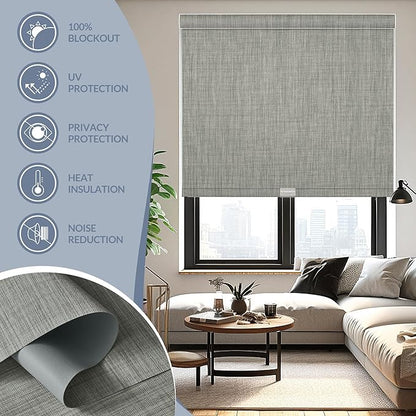 Boolegon Motorized Roller Blinds - 100% Blackout Smart Electric Shades with Remote, Compatible with Alexa/Google Home/HomeKit via Hub, Easy Install for Home Office, Light Grey, Custom Size.