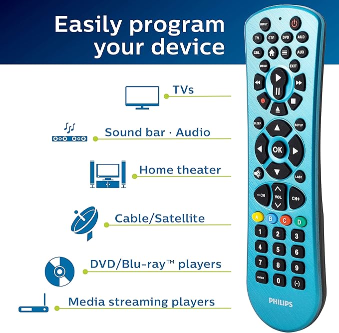 Philips Universal Remote Control, Universal TV Remote Replacement, Samsung TV Remote Control Universal, for Roku Remote Replacement, Vizio, LG, Sony, Apple TV, Smart TVs, 6 Device, Blue, SRP6249B/27