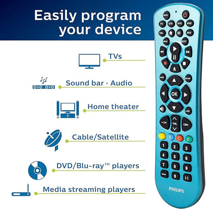 Philips Universal Remote Control, Universal TV Remote Replacement, Samsung TV Remote Control Universal, for Roku Remote Replacement, Vizio, LG, Sony, Apple TV, Smart TVs, 6 Device, Blue, SRP6249B/27