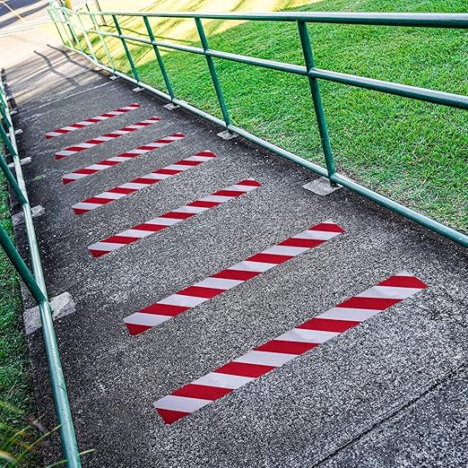 Anti Slip Tape, 4 Inch x 42 Ft Grip Tape for Stairs Outdoor/Indoor, Waterproof Non Skid Roll for Stair Treads Non Slip, High Traction Friction Abrasive Adhesive Stair Steps, Caution Red/White