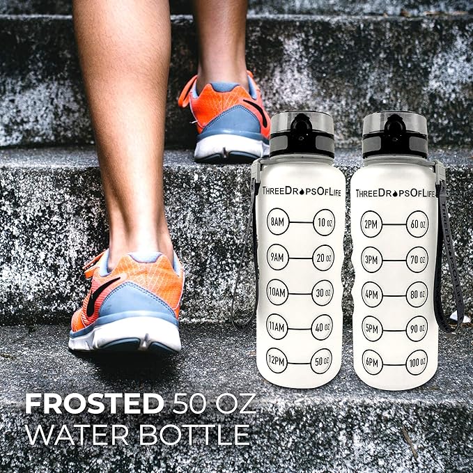 Three Drops of Life New 50oz Large Hydration Tracker Sport Water Bottles, Frosted Clear Tritan Plastic Bottle for Hydration Timer Tracking, Smart Remind Time Marker - Reusable, Leak Proof, BPA Free