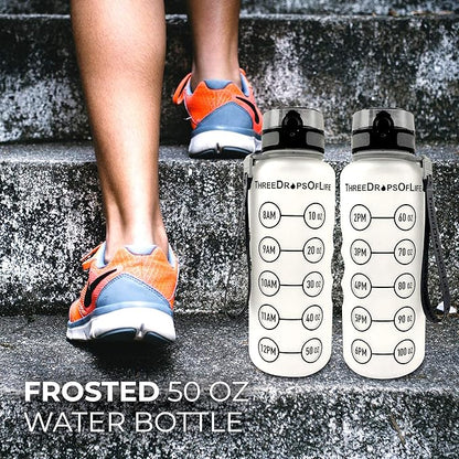 Three Drops of Life New 50oz Large Hydration Tracker Sport Water Bottles, Frosted Clear Tritan Plastic Bottle for Hydration Timer Tracking, Smart Remind Time Marker - Reusable, Leak Proof, BPA Free