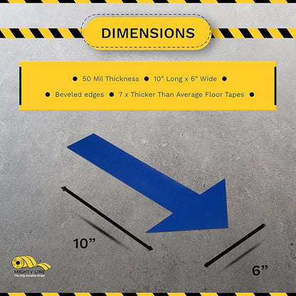 Mighty Line Solid Arrows Directional Sticker Sign Floor Marking Tape for Safety, Caution, Warning, Heavy-Duty, Peel and Stick, Adhesive, Industrial Quality, Blue, 10" by 6", Pack of 50
