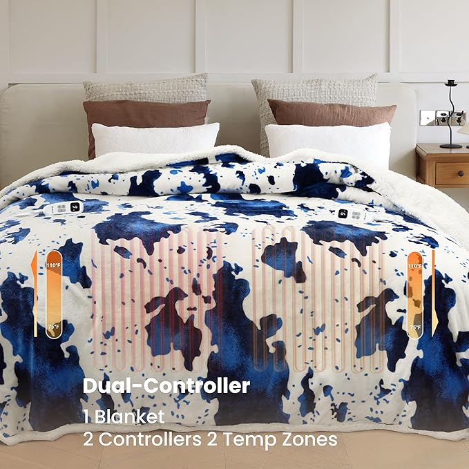 Cow Print Heated Electric Blanket King Size-Dual Control Heating Blanket King Size with 10 Heat Levels & 10 Hours Auto-Off, Cozy Soft Fleece Sherpa, Washable, 90x100 Inche Cow Print Blue