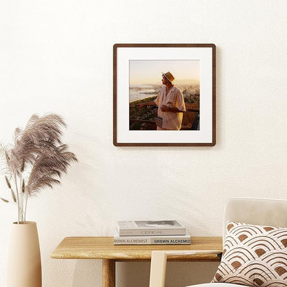 16x16 Picture Frame, Square 16 by 16 Frames for Wall - Solid Oak Wood & Tempered Glass, 16 x 16 Wood Frame Matted to 12 x 12, Square Picture Frame 16"x16" for Home Decor, Walnut Color, 1 Pack