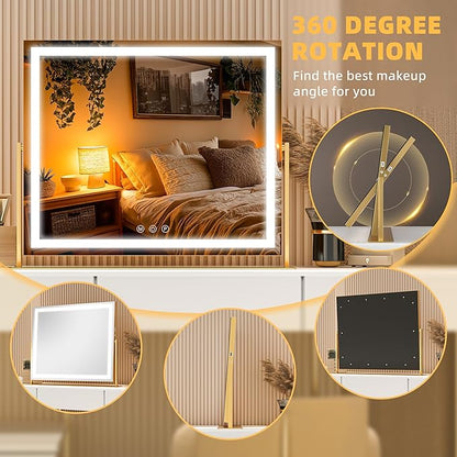 Vanity Mirror with Lights, 26'' x 22'' Lighted Makeup Mirror, Touch Screen with 3-Color Lighting, Dimmable for Vanity Desk Tabletop Square Gold