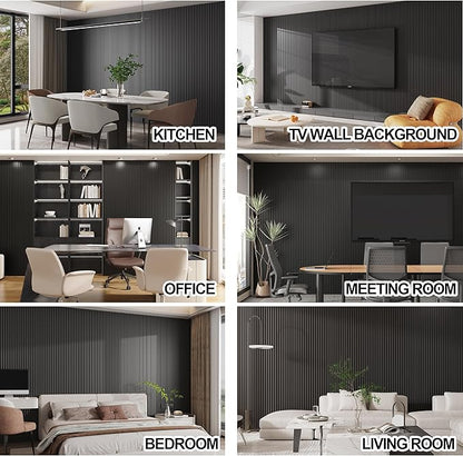 8-Pack WPC Slat Wall Panels - 3D Wall Panels, Water-Proof and Easy Installation, Accent Slat Wall Paneling for Living Room, Office,Black, 96 x 6.6 Inch