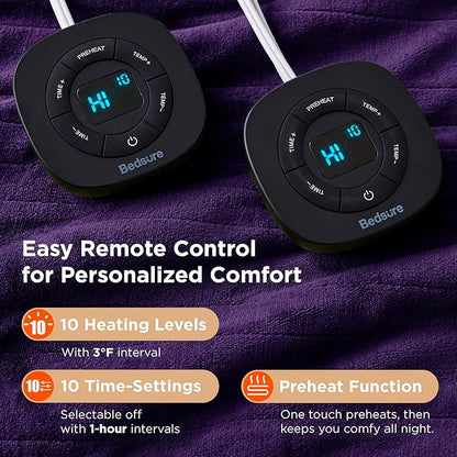 Bedsure Electric Blanket Queen Size - Dual Control Heated Blanket Queen, Fast Heating with 10 Time Settings & 10 Heat Settings, Warm Gift for Grandma (84x90 inches, Purple)