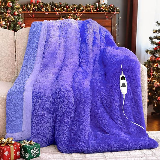 Heated Electric Blanket Throw,Warm Winter Birthday Gifts for Women Her Grandma-Faux Fur with Soft Sherpa,10 Heat Settings,5 Time Settings with Fast Heating, 50x60, Sunset Purple