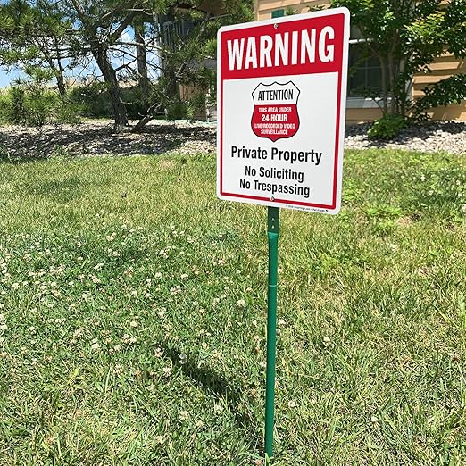 SmartSign 12" x 10" 'Warning - Private Property, No Soliciting/Trespassing, Area Under Surveillance' Yard Sign with 3 ft Stake, 40 mil Laminated Rustproof Aluminum, Red/Black/White, USA-Made