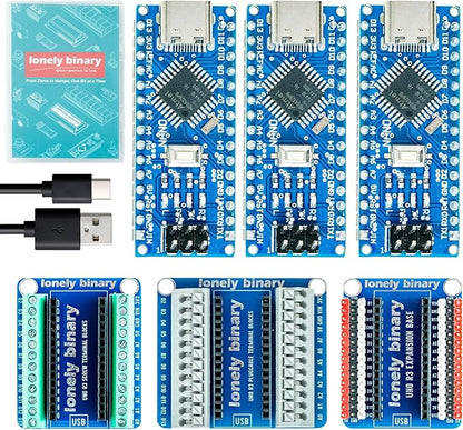 3-Pack Nano V3.0 Development Board Expansion Kit, 3 x Nano V3.0 Type-C & 3X Versatile Expansion Board (Screw, Non-Screw, 2.54mm) Compatible with Arduino IDE Prototyping Projects