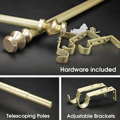 1-1/8 Inch Diameter Champagne Gold Curtain Rods with Modern Geometric Finials, 72-144'' Telescoping Single Curtain Rods for window width 68-140 inch, 1 pack