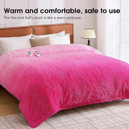 Heated Electric Blanket Queen,Warm Winter Birthday Gifts for Women Her Grandma–Faux Fur with Soft Sherpa,10 Heat Settings,5 Time Settings with Fast Heating, 84x90, Rose Red