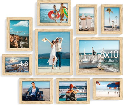 decorUhome Picture Frames Collage Wall Decor for Photo Gallery Display, Assorted Picture Frames set of 10 Including Two 8x10 / Four 5x7 / Four 4x6 for Family Wall Decor, Natural, 10 Pack
