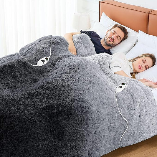 Heated Electric Blanket Queen–Faux Fur with Soft Thick SherpaWarm Winter Birthday Gifts for Women Grandma,Dual Control,10 Heat Settings,5 Time Settings, 84x90, Midnight Black