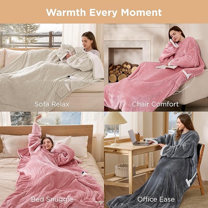 Bedsure Wearable Heated Blanket with Foot Pocket - Electric Snuggle Blanket for Adult with Sleeves, Winter Gifts for Mom Women Girlfriend, Warm Sherpa Heating Throw, Auto Shut Off, 50 x 71+18", Grey