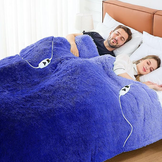 Heated Electric Blanket Queen–Faux Fur with Soft Thick SherpaWarm Winter Birthday Gifts for Women Grandma,Dual Control,10 Heat Settings,5 Time Settings, 84x90, Glacier Blue