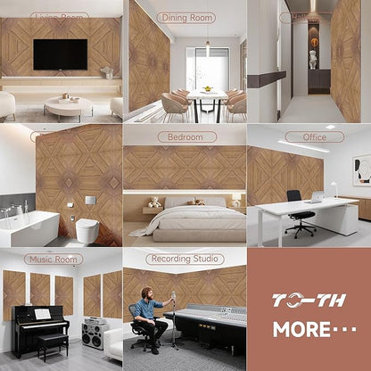 TO-TH Acoustic Wall Panels,6 Pack Total Size 72 x 48 Inches,Self-Adhesive Decorative Acoustic Panels for Wall and Ceiling,3D UV Printing with Wood Look,Beech