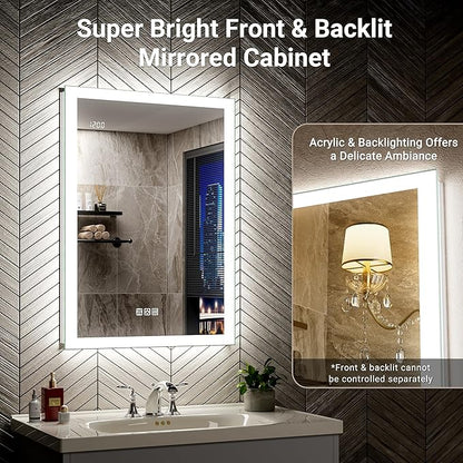 20x32 Medicine Cabinet Mirror with Double Lights & Clock, Front+Backlit Surface or Recessed Fogless Lighted Medicine Cabinet Mirror, 155°Soft-close Right Hinge,Time-Display,Outlet,Inner Light