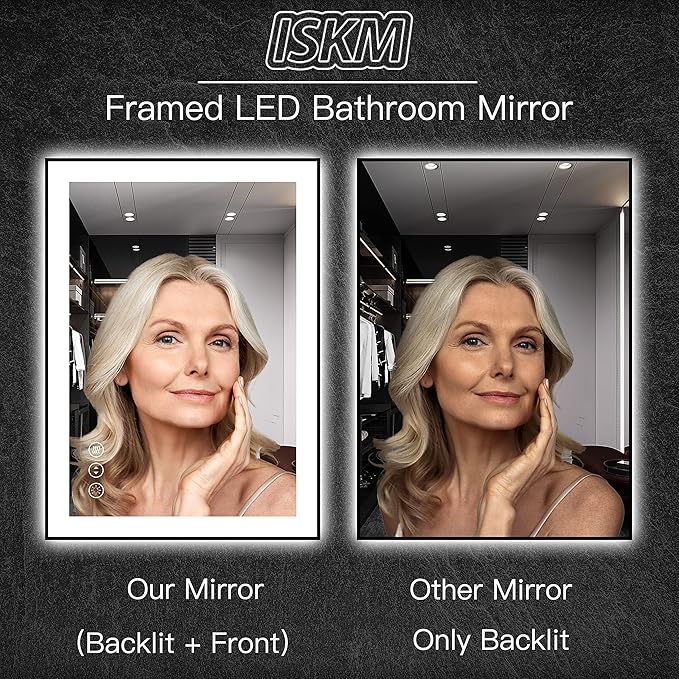ISKM Framed LED Mirror for Bathroom 48"x36", Dimmable LED Bathroom Mirror with Lights, Anti-Fog, Front and Backlit Lighted Mirror 3-Colors, Shatterproof, Memory Function